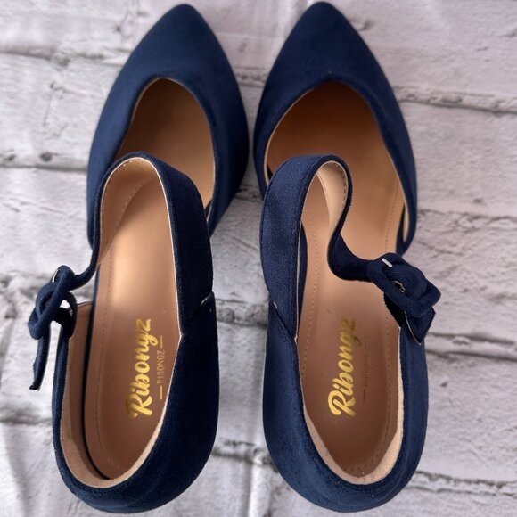 NIB Pointed Closed Toe Ankle Strap Buckle Slip on Low Heel Pumps Navy Blue Sz 10 - Picture 5 of 13